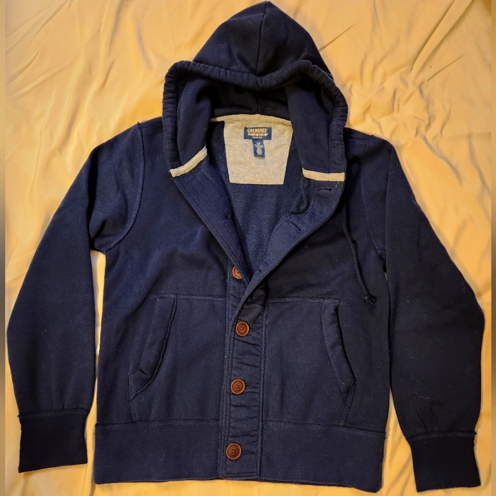 Button-up navy blue hoodie sweater